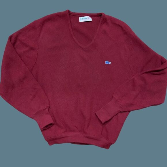 Izod Lacoste Vintage 70s Acrylic Orlon V-Neck Sweater Burgundy Men's Size Large - Picture 1 of 9
